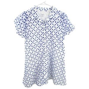 Alexis White Blue Eyelet Embroidered Puff Sleeve Button Down Shirt Dress‎ Large